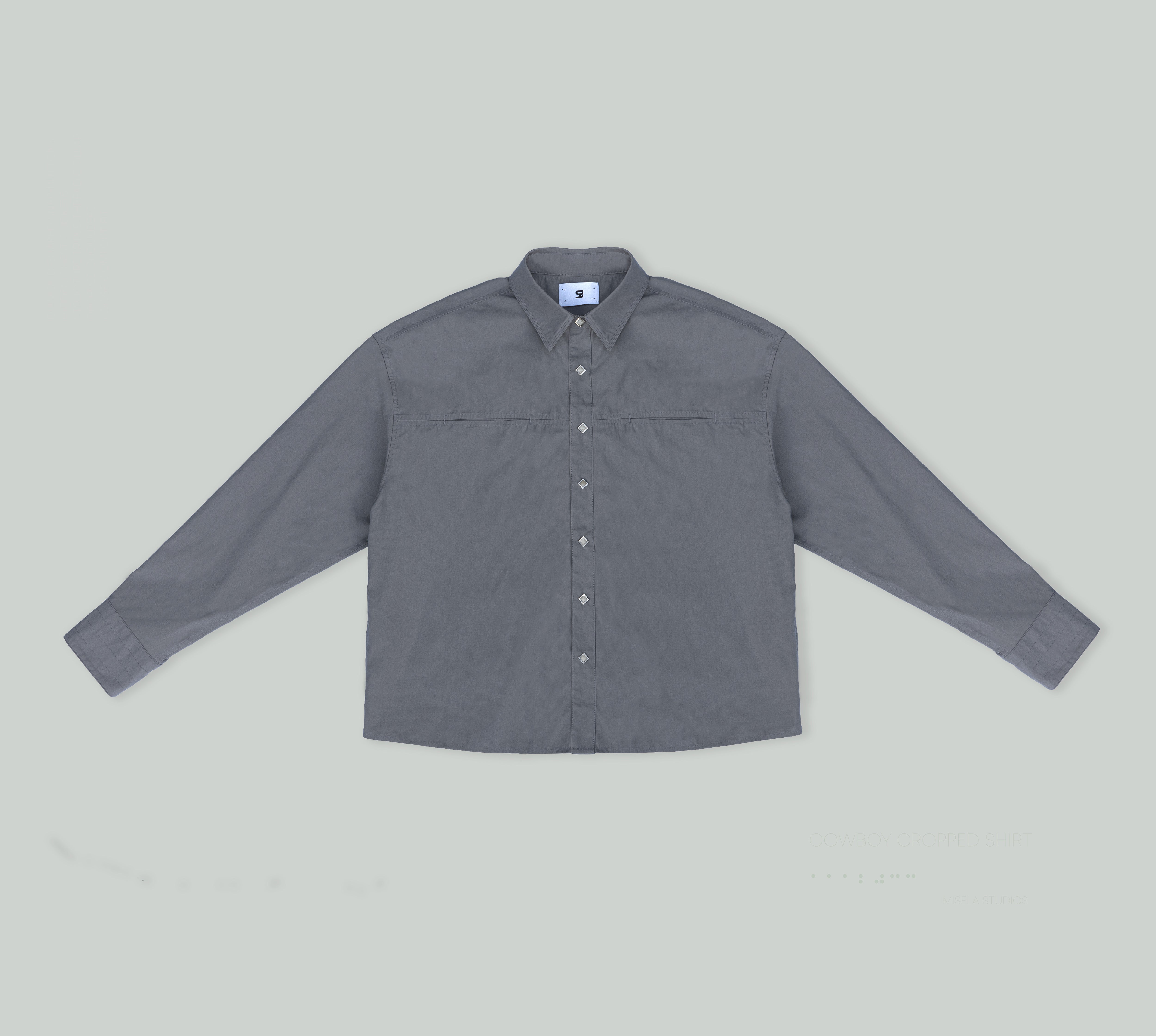 Grey Shirt with Diamond Shape Snap Buttons / Tripple Thread Collar and Pleated Back From Misela Studios -Frontview