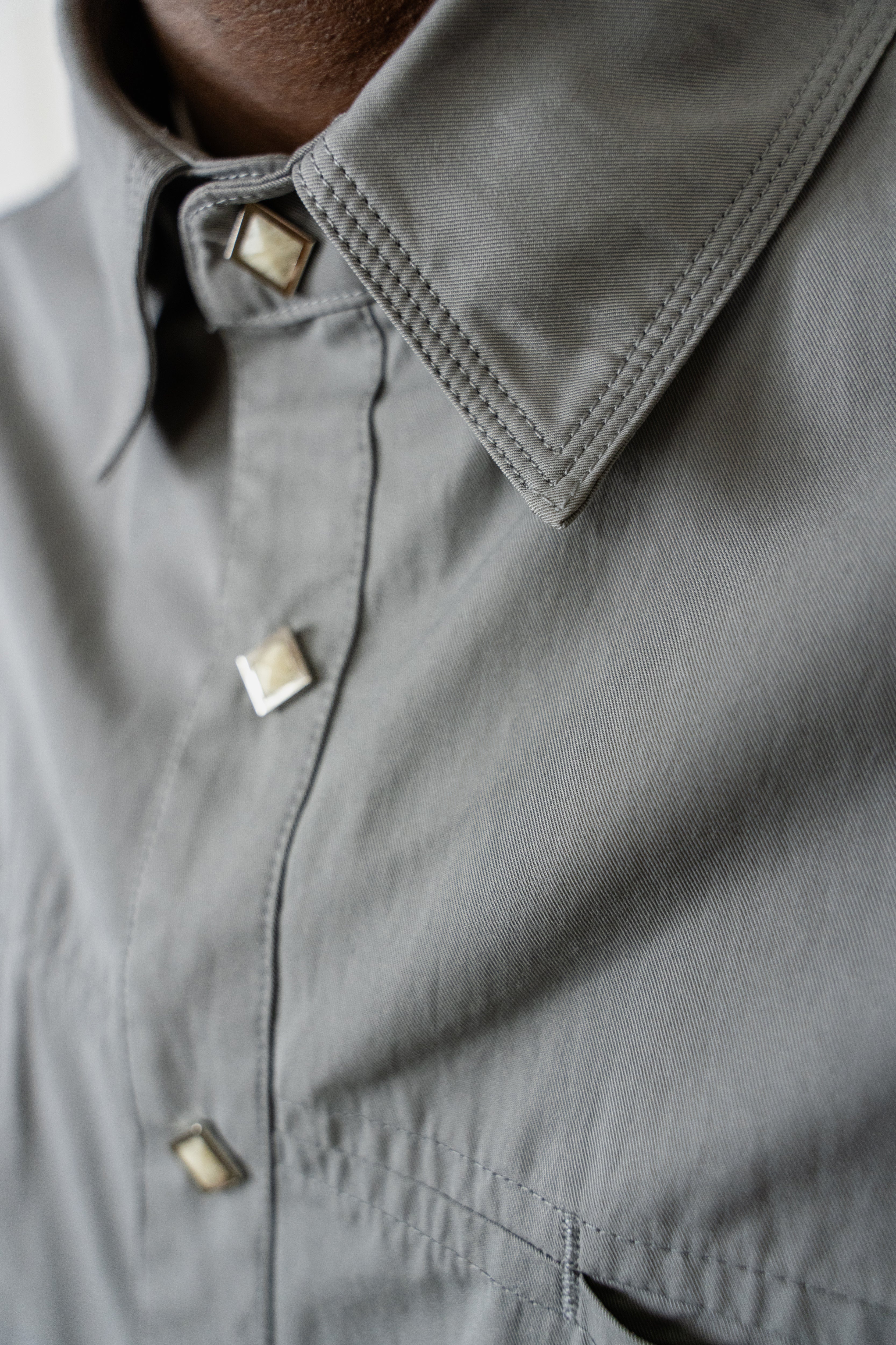 Grey Shirt with Diamond Shape Snap Buttons / Tripple Thread Collar and Pleated Back From Misela Studios -Backview