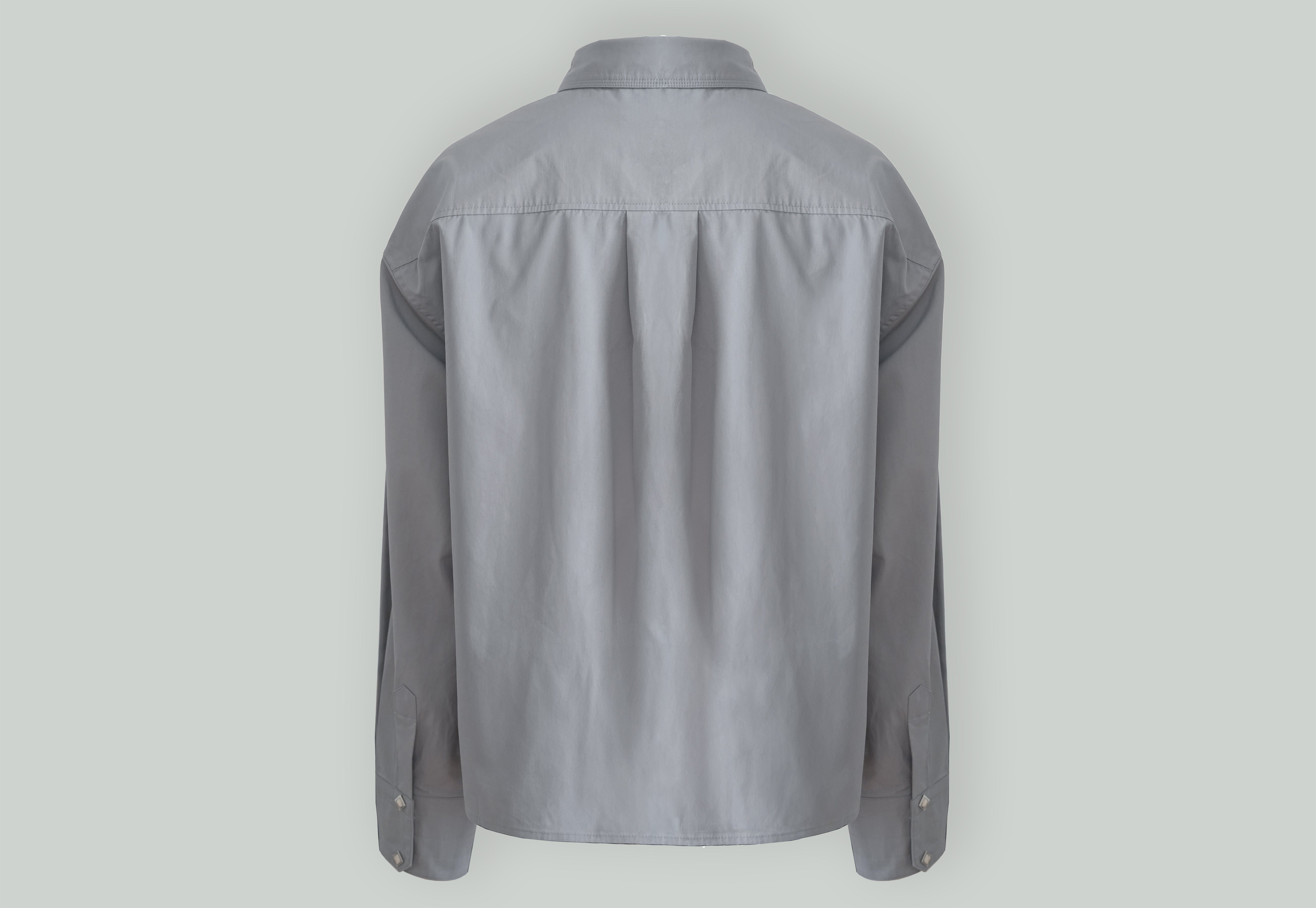 Grey Shirt with Diamond Shape Snap Buttons / Tripple Thread Collar and Pleated Back From Misela Studios -Backview