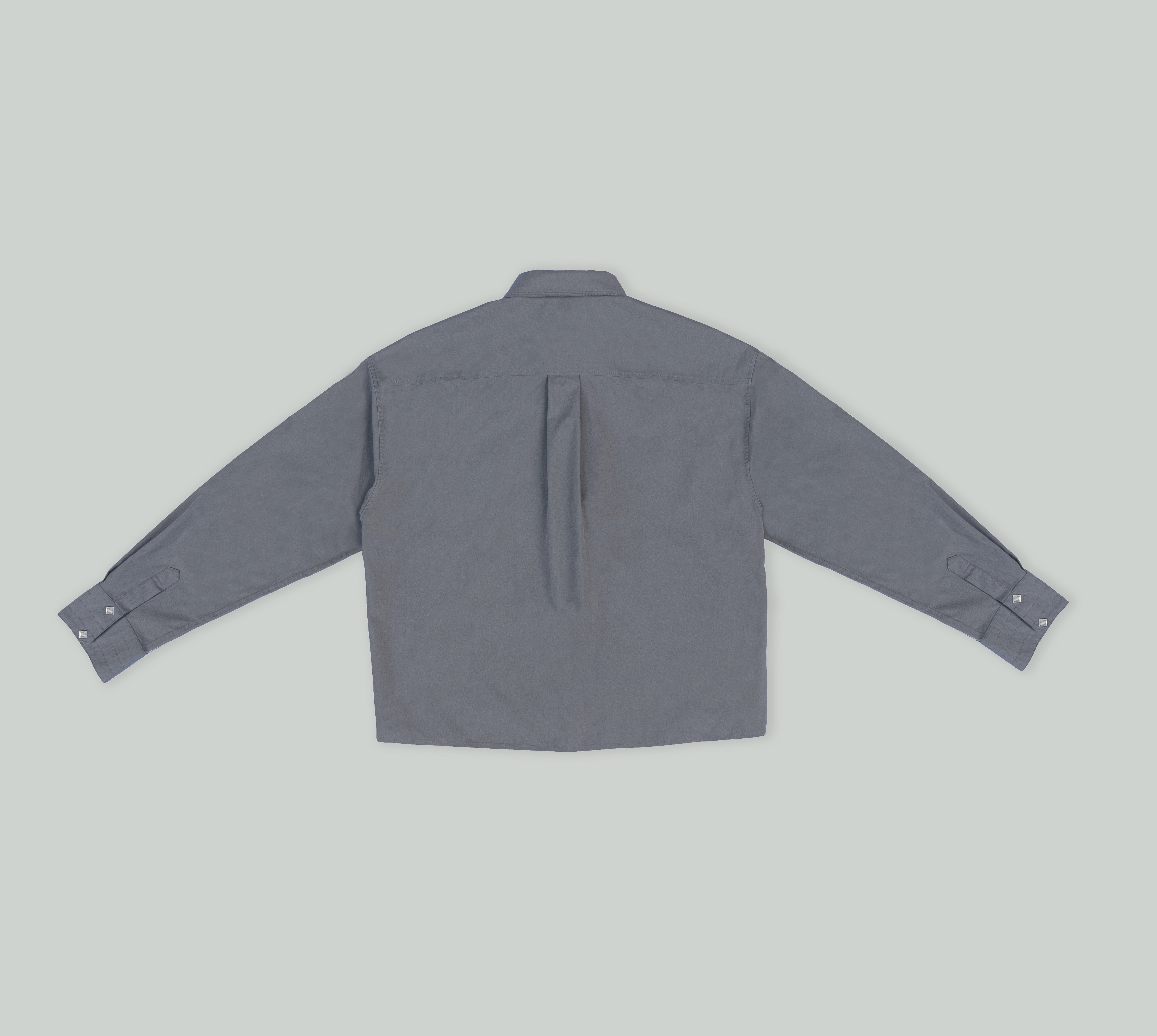 Grey Shirt with Diamond Shape Snap Buttons / Tripple Thread Collar and Pleated Back From Misela Studios -Backview