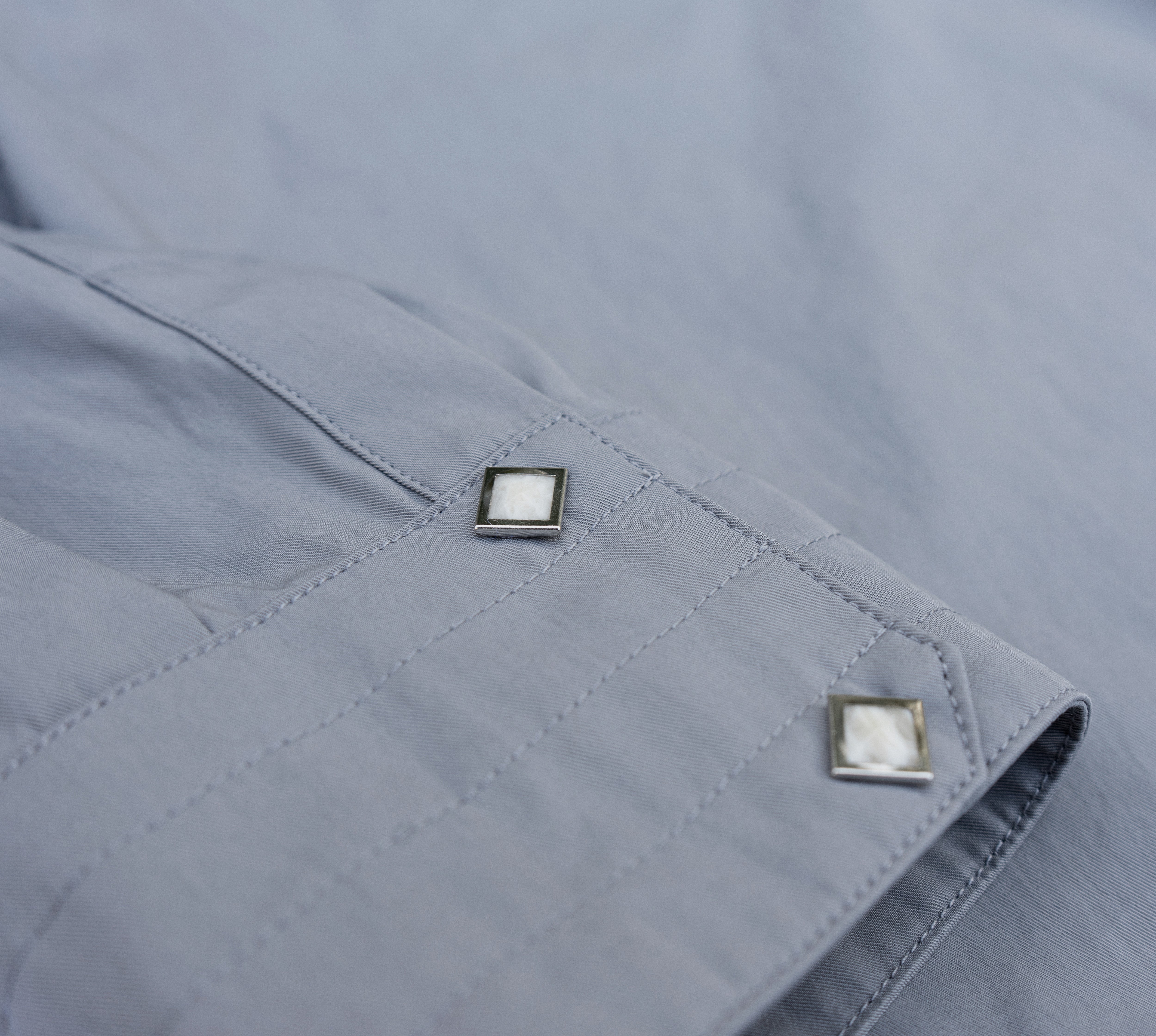 Grey Shirt with Diamond Shape Snap Buttons / Tripple Thread Collar and Pleated Back From Misela Studios -Detailview Sleeve