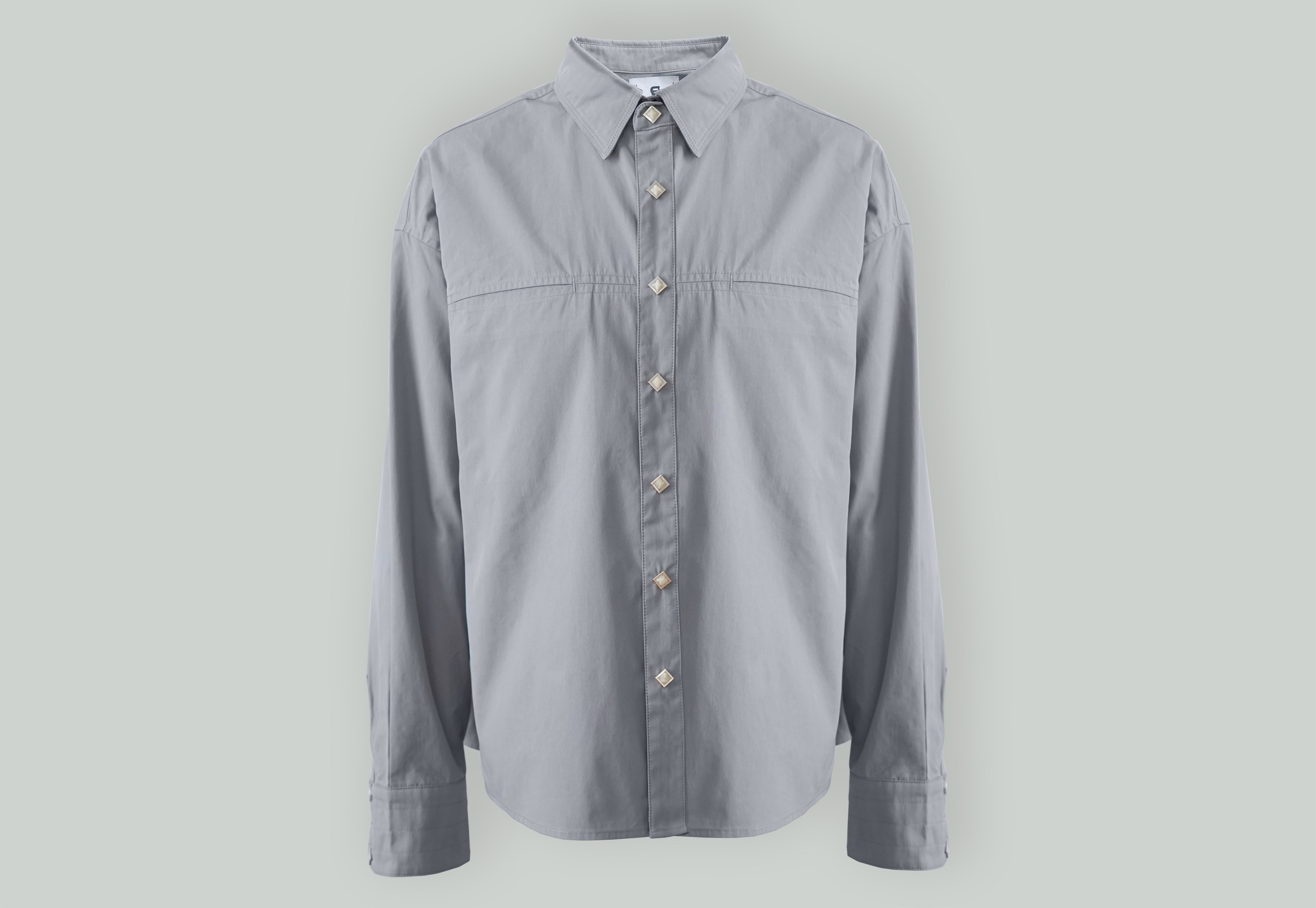 Grey Shirt with Diamond Shape Snap Buttons and Hidden Chest Pockets From Misela Studios 