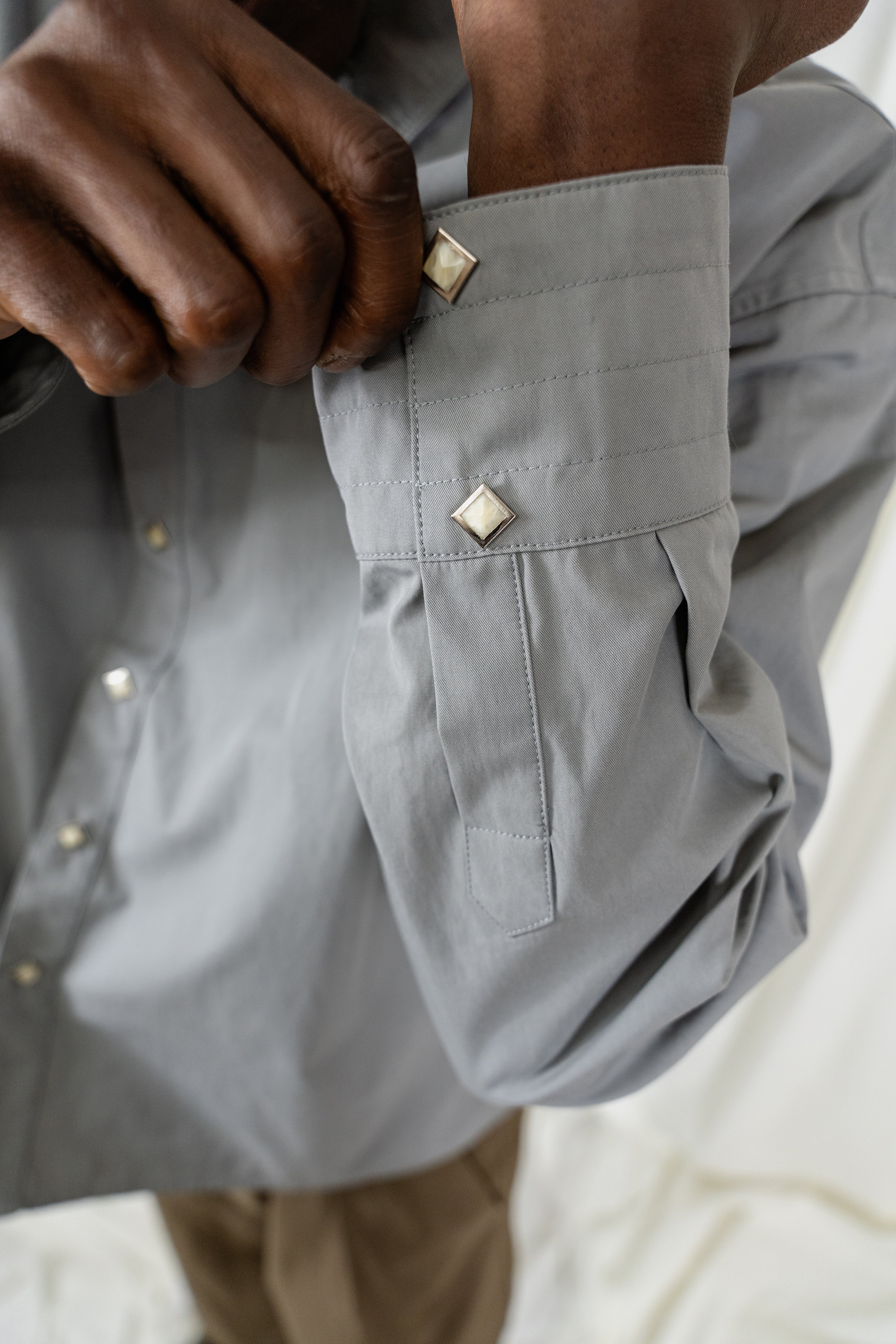 Grey Shirt with Diamond Shape Snap Buttons / Tripple Thread Collar and Pleated Back From Misela Studios -Detailview