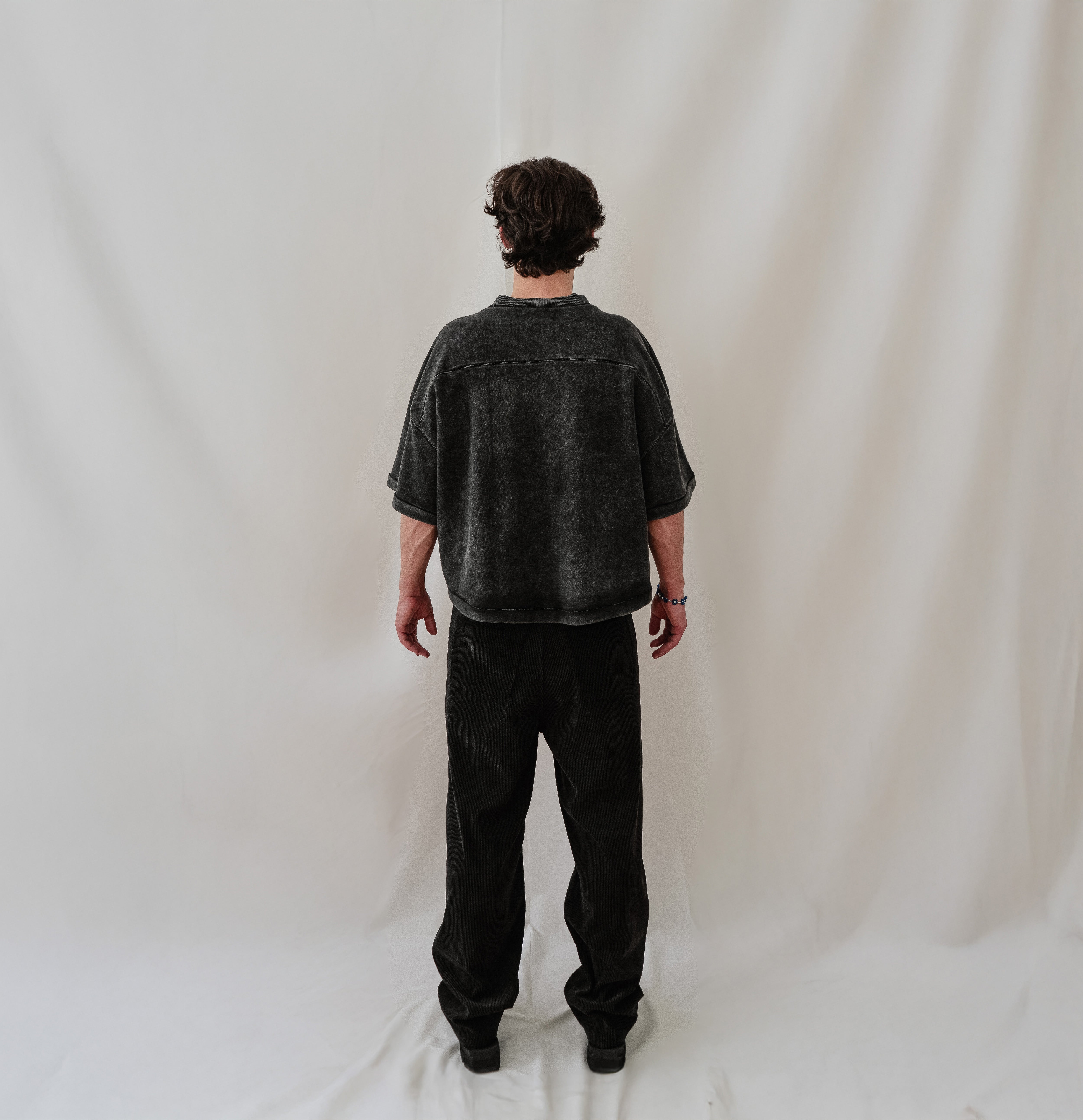 Cropped Baseball T-Shirt in Faded Black with V-Neck and Heavyweight Cotton - Backview

